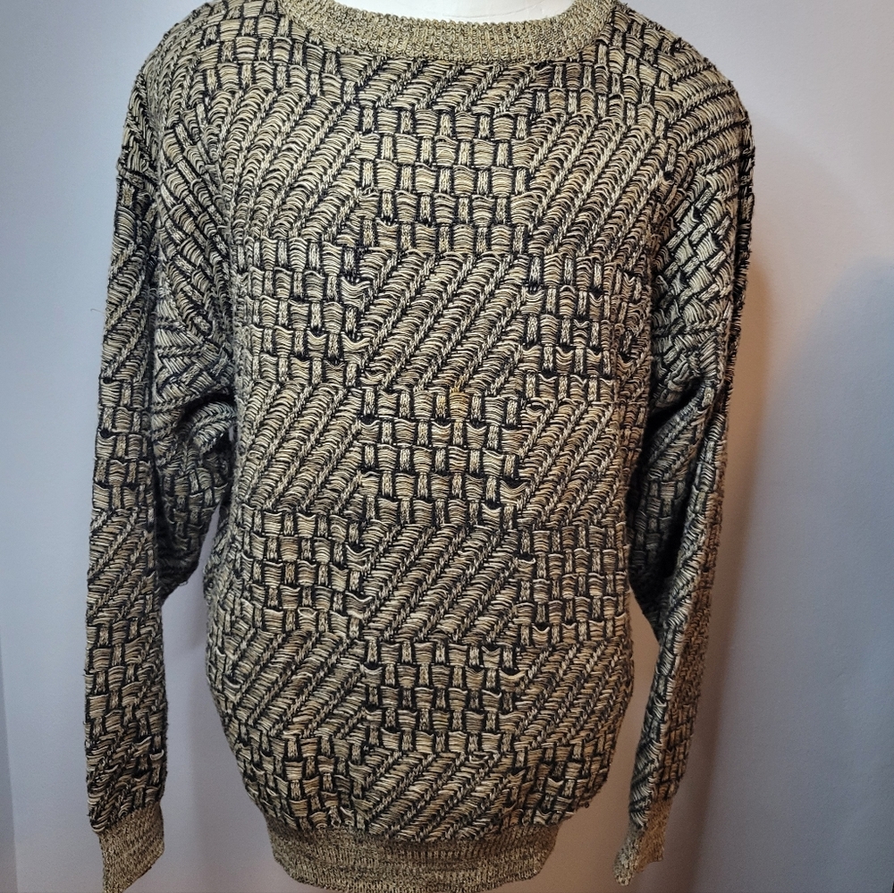 Generra 80s Vintage Grandpa Woven Knit Sweater Men's Large Texture Black White